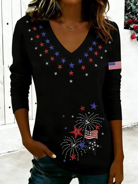 

Vintage America Flag V Neck Long Sleeve T-shirt, Black, T-shirts