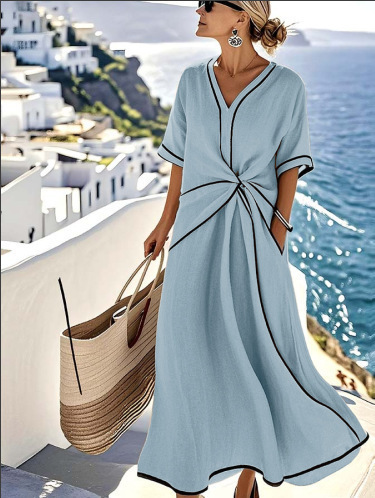 

Women Color Block Summer Dress V Neck Short Sleeve Fit & Flare Dress A-Line Dress, Blue, Dresses