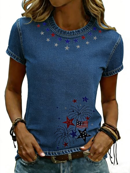 

Casual 3D Printing Crew Neck Short Sleeve T-shirt, Denim blue, T-shirts
