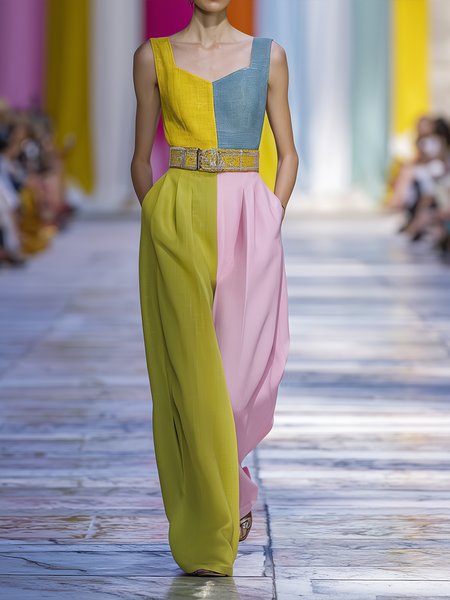 

Casual Split Joint Color Block Spaghetti Tank Jumpsuit No Belt, As picture, Jumpsuits