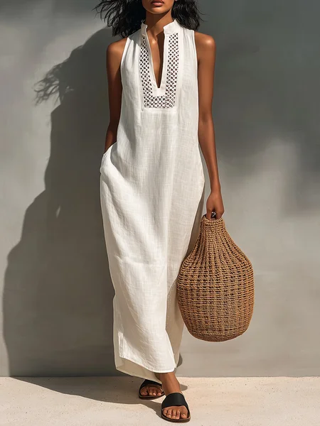 

Cotton And Linen Casual Plain Lace V Neck Maxi Dress, White, Maxi Dresses