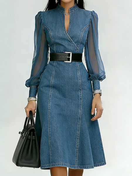 

Denim Urban Plain Split Joint Cross Neck Midi Dress No Belt, Blue, Midi Dresses