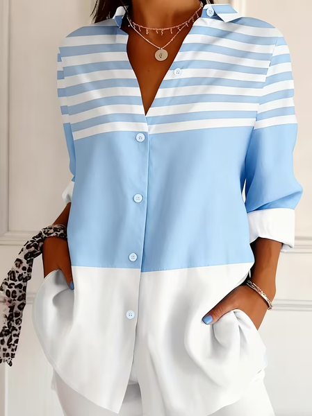 

Women Striped Shirt Collar Long Sleeve Shirt Buckle Regular Sleeve Casual Daily Spring/Fall Top, Blue, Shirts
