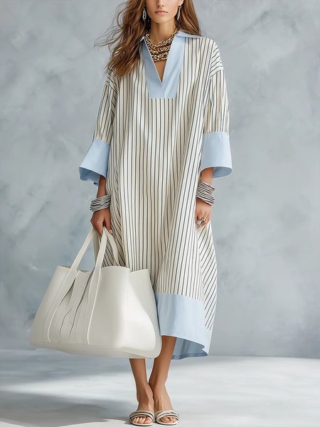 

Casual Striped Shirt Collar Midi Dress, Blue, Midi Dresses