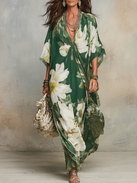 

Vacation Floral Printing V Neck Maxi Dress, Green, Maxi Dresses