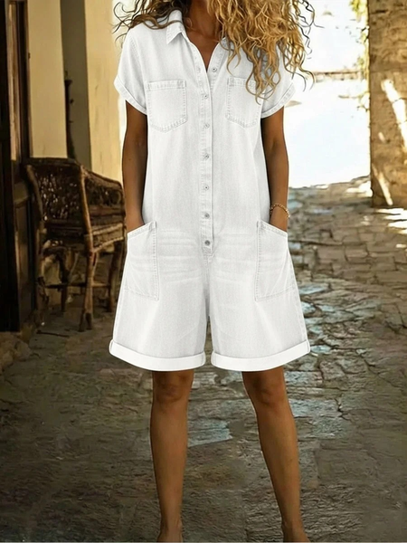 

Women Plain Shawl Collar Short Sleeve Vintage Summer Denim Jumpsuit, White, Jumpsuits&Rompers