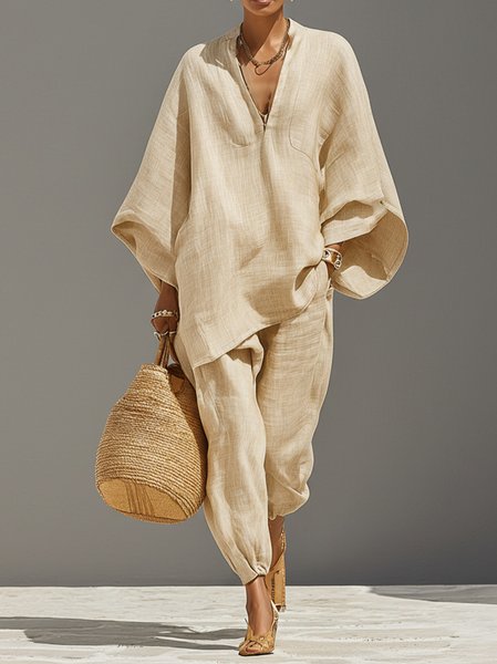 Women Plain Two-Piece Set Daily Half Sleeve Vintage Summer Top With Pants Matching Set