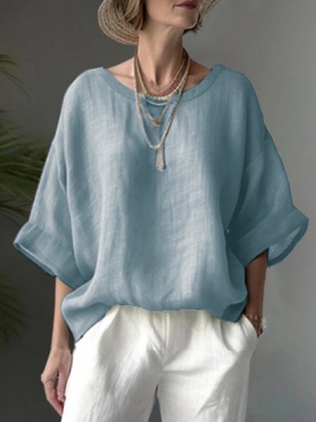 Crew Neck Half Sleeve Plain Regular Loose Blouse For Women