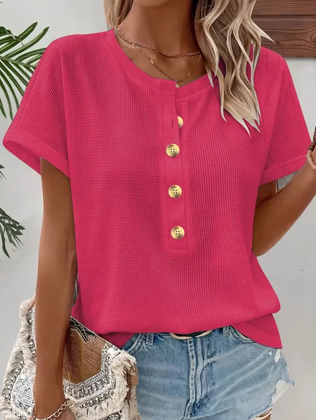 

Casual Plain Short Sleeve T-shirt, Deep pink, T-shirts