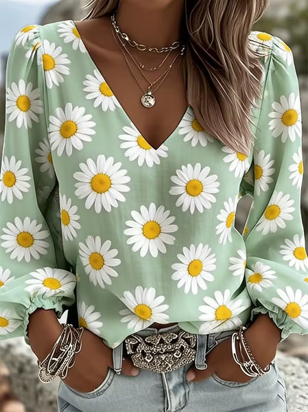 V Neck Long Sleeve Floral Printing Regular Micro-Elasticity Regular Fit Blouse For Women