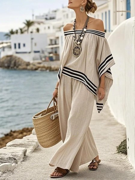 

Women Striped Two-Piece Set Daily Half Sleeve Casual Summer Top With Pants Matching Set, Apricot, Sets