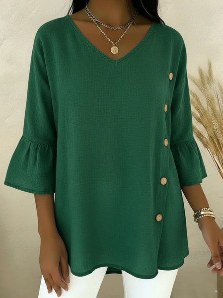 V Neck Three Quarter Sleeve Plain Regular Regular Fit Blouse For Women