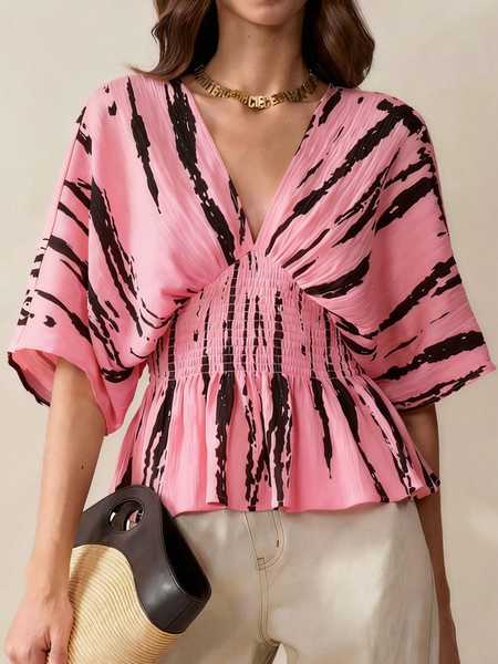 

V Neck Half Sleeve Abstract Stripes Regular Regular Fit Blouse For Women, Pink, Blouses