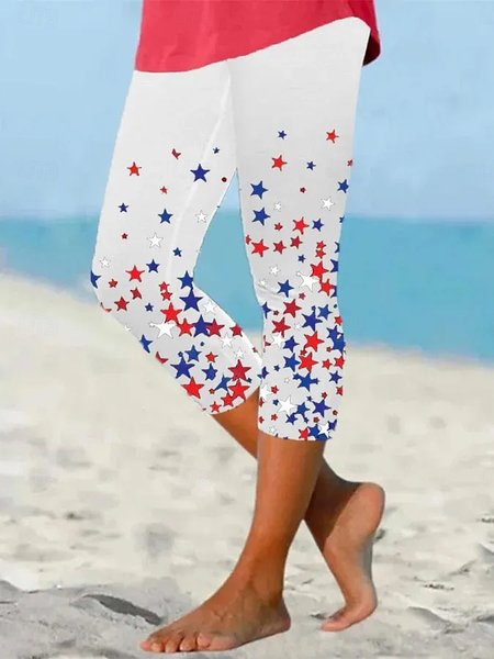 Women Star Capris Elastic Waist Pants Casual Summer Trousers