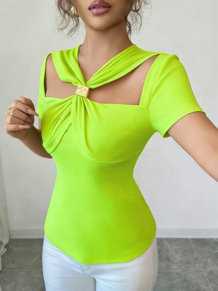 

Jersey Urban Plain Grommets V Neck T-shirt, Green, Tees