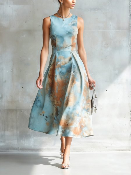 

Urban Random Print Printing Crew Neck Midi Dress, As picture, Midi Dresses