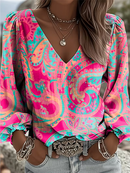 

V Neck Long Sleeve Floral Printing Regular Micro-Elasticity Regular Fit Blouse For Women, Pink, Blouses