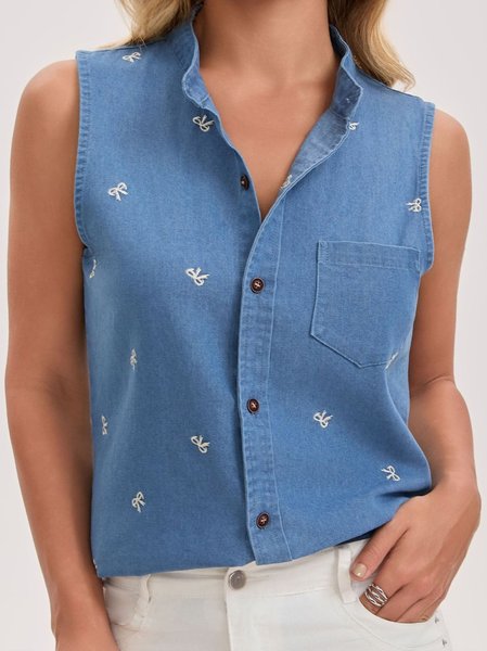 Washed Denim Fashion Cardigan Jacket Bows Cherry Embroidery Patterns Stand Collar Sleeveless Summer Spring Going Out Denim Top