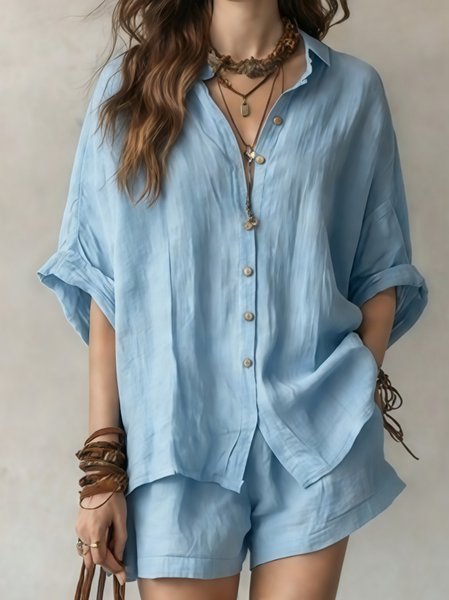 Women Plain Two-Piece Set Daily Short Sleeve Casual Summer Top With Pants Matching Set