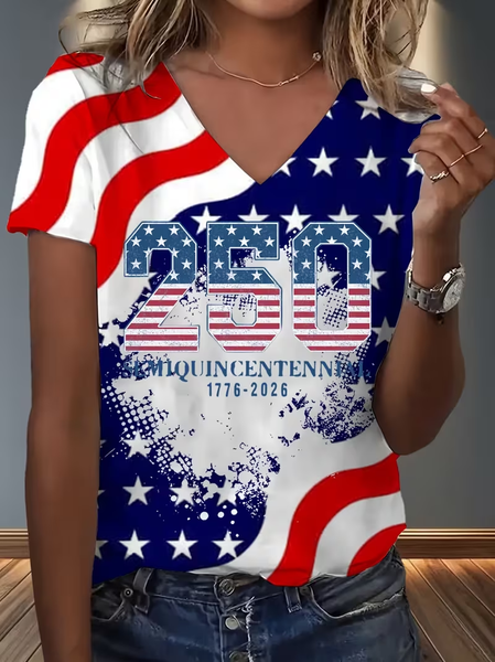 Vintage Text Letters V Neck Short Sleeve T-shirt