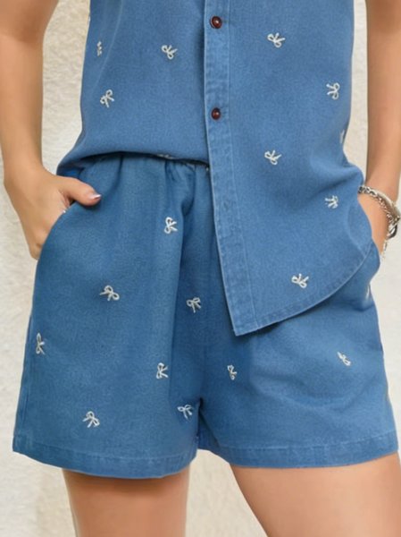 Cotton Bows Embroidery Pattern Cotton Going Out Denim Shorts