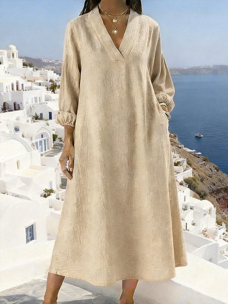 

Women Plain Spring/Fall Dress V Neck Long Sleeve H-Line Dress, Khaki, Dresses