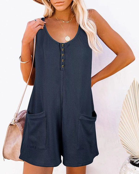 Women Plain Crew Neck Sleeveless Casual Summer Jumpsuit