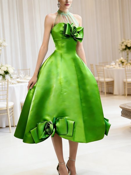 

Elegant Plain 3D Floral Halter Midi Party Dress, Green, Cocktail Dresses