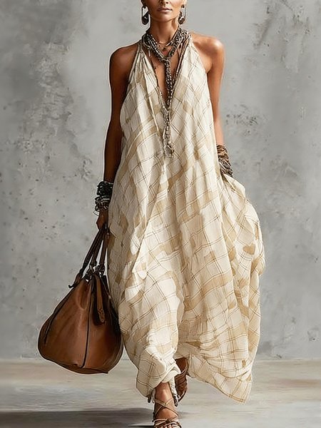 Vacation Plaid Printing V Neck Maxi Dress