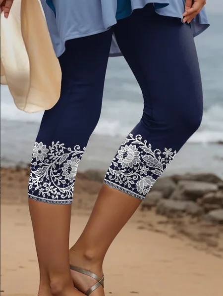 

Women Floral Capris Elastic Waist Pants Casual Summer Trousers, Purplish blue, Leggings