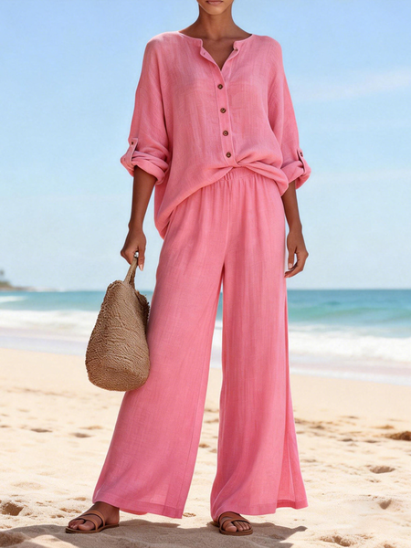 

Women Plain Two-Piece Set Daily Long Sleeve Casual Spring/Fall Top With Pants Matching Set, Pink, Sets