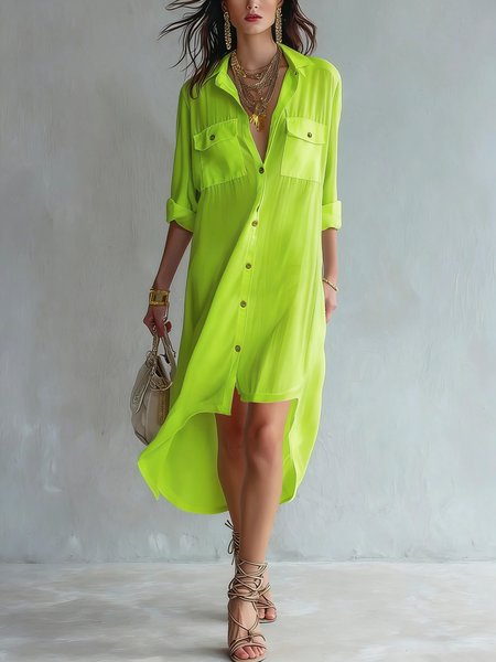 

Casual Plain Buttoned Shirt Collar Midi Dress, Green, Midi Dresses