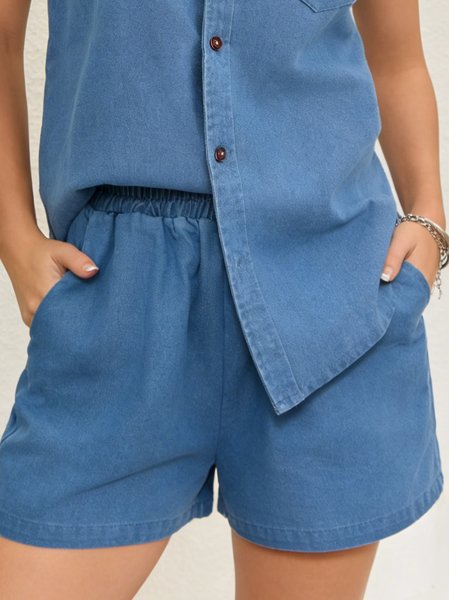 Cotton Washed Denim Pattern Elastic Waist Going Out Denim Shorts