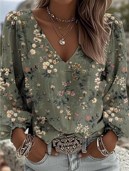 

Women Floral V Neck Long Sleeve Blouse Printing Casual Daily Spring/Fall Top, Green, Blouses
