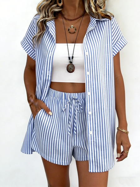 

Women Striped Two-Piece Set Daily Short Sleeve Casual Summer Top With Pants Matching Set, Blue, Sets
