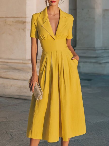 

Elegant Plain Lapel Collar Midi Dress, Yellow, Midi Dresses
