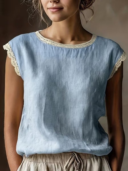 

Crew Neck Short Sleeve Plain Regular Loose Blouse For Women, Blue, Blouses