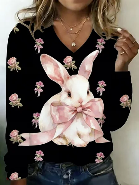 

Casual Floral V Neck Long Sleeve T-shirt, Black, T-shirts