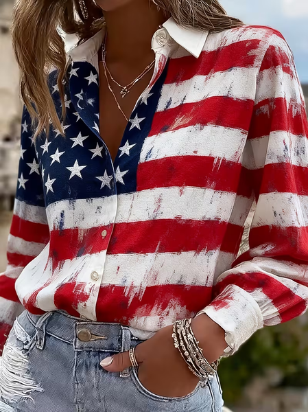 

Women America Flag Shirt Collar Long Sleeve Shirt Buckle Regular Sleeve Casual Daily Spring/Fall Top, As picture, Shirts