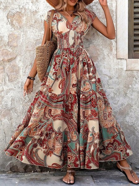 Women Geometric Summer Printing Dress V Neck Short Sleeve Fit & Flare Dress A-Line Dress