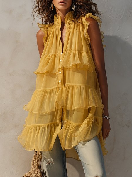 

Urban Plain Peplum Tiered Stand Collar Shirt, Yellow, Blouses and Shirts