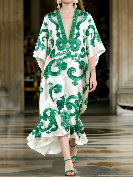 

Vacation Ethnic V Neck Maxi Dress, As picture, Maxi Dresses