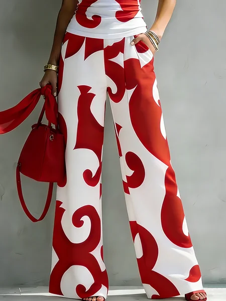 

Urban Random Print Printing Wide Leg Pants, White-red, Pants