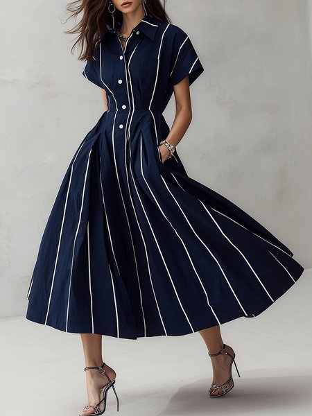 

Urban Striped Printing Shirt Collar Midi Dress, Navy blue, Midi Dresses