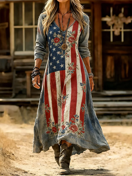 

Women Floral Spring/Fall Printing Dress V Neck Long Sleeve H-Line Dress, As picture, Dresses