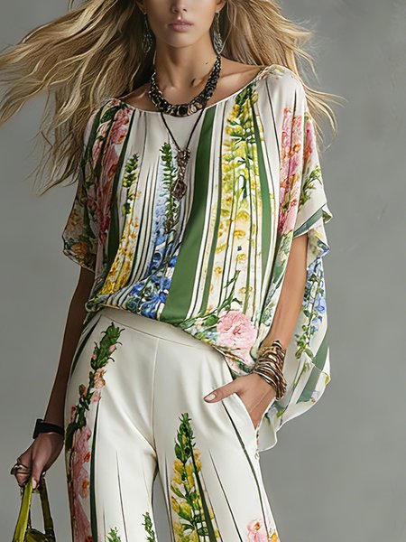 

Vacation Floral Printing Boat Neck Blouse, Green, Blouses and Shirts