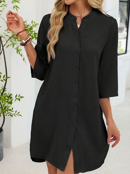 Women Plain Summer Split Joint Dress V Neck Half Sleeve Shirt Dress A-Line Dress