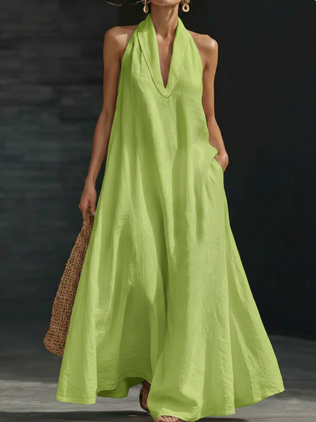

Cotton Vacation Plain V Neck Maxi Dress, Green, Maxi Dresses