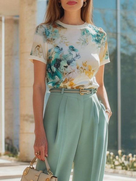 

Urban Floral Printing Crew Neck T-shirt, As picture, Tees