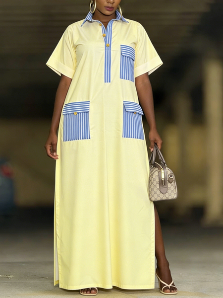 Urban Color Block Shirt Collar Maxi Dress, Yellow, Maxi Dresses